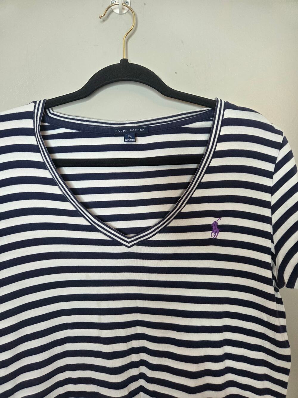 Ralph Lauren Womens Size XL Navy Blue White Stripe Short Sleeve V-Neck Shirt